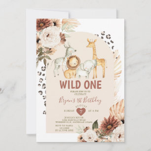Boho Wild ONE Birthday Safari Animals Pampas Grass Kaart