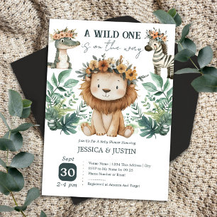 Boho Wild One Lion Floral Baby shower Kaart