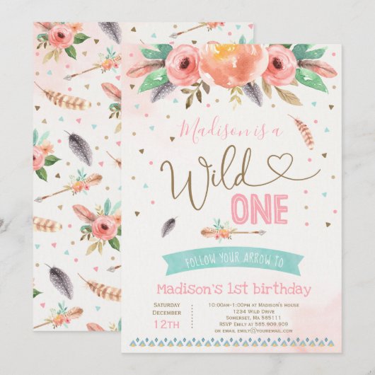 Boho Wild Un Anniversaire Invitation Aquarelle Boh (Devant / Derrière)