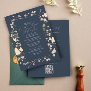 Boho Wildbloemen Lijst Navy RSVP QR Code Bruiloft Kaart