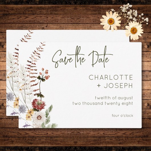 Boho Wildbloemen Moderne bloemenbruiloft Save The Date