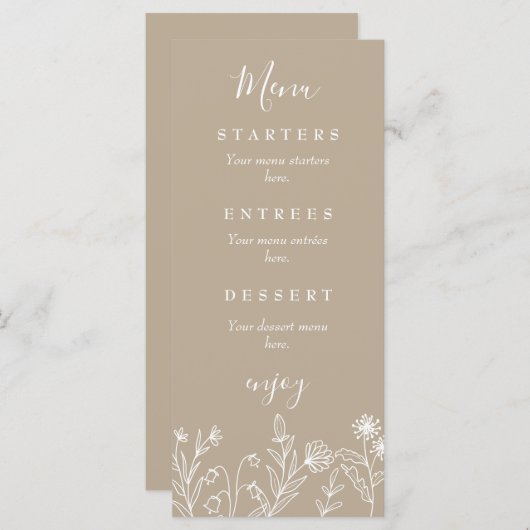 Boho wilde bloem aardeachtig bruiloft menu (Voorkant / Achterkant)