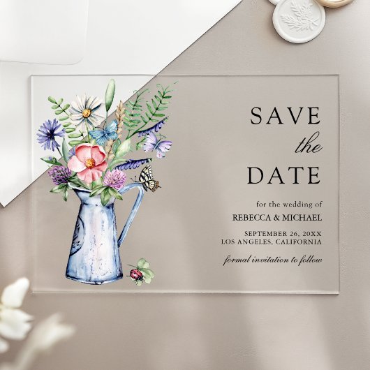Boho Wilde Bloem Bruiloft Save the Date Acryl Uitnodigingen