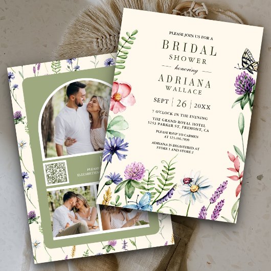 Boho Wilde Bloem Foto QR Code Crème Bruiloftsdouch Kaart
