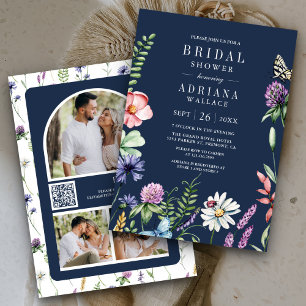 Boho Wilde Bloem Foto QR Code Navy Bruidsmeisjesfe Kaart
