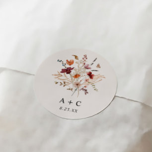Boho Wilde Bloem Herfst Burgundy Roest Bruiloft Ronde Sticker