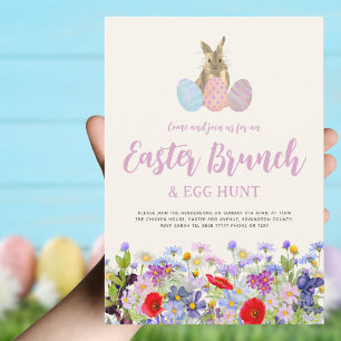 Boho Wilde Bloem Konijn Pasen Brunch en Eierenjach Kaart