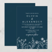 Boho wilde bloem marine blauwe bruiloft uitnodigin kaart (Voorkant / Achterkant)