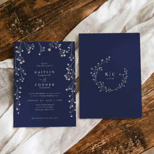 Boho Wilde Bloem Navy Blauwe Baby's Breath Trouw Kaart