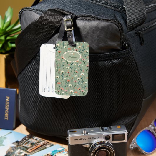 Boho Wilde Bloem Sage Groene Monogram Bagagelabel (Voorkant & Achterkant)