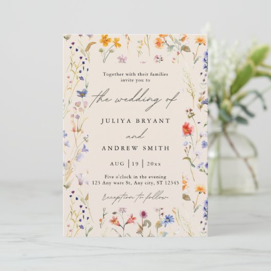 Boho wilde bloem Script bruiloft Kaart (Staand voorkant)