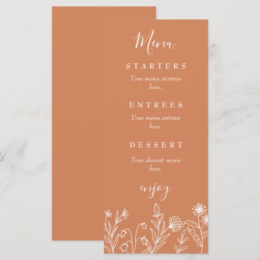 Boho wilde bloem terracotta bruiloft menu (Voorkant / Achterkant)