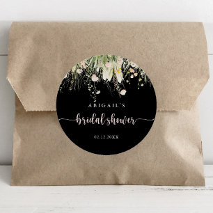 Boho wilde bloem zwarte bruiloftsshower favor ronde sticker