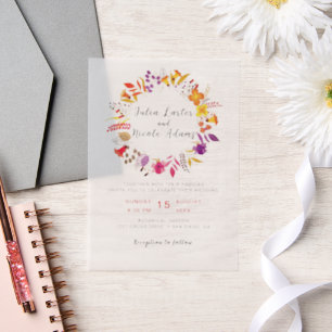 Boho Wilde Bloemen Herfst Krans Bruiloft Vellum Uitnodigingen