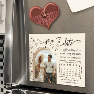 Boho Wilde Bloemen Kalender & Foto Save the Date Magnetische Uitnodiging