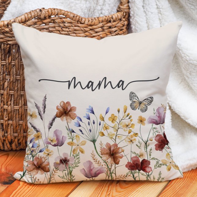 Boho Wilde Bloemen Mama Kussen (Boho Wildflowers Mama Throw Pillow with Butterfly by Painted Paperie
)