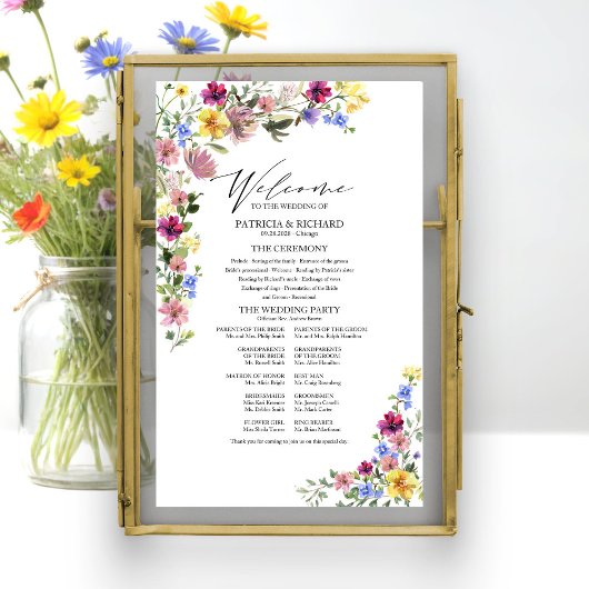 Boho wilde bloemen trouwprogramma bord poster
