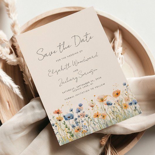 Boho Wilde Bloemgrens Oranje Blauwe Bruiloft Save The Date