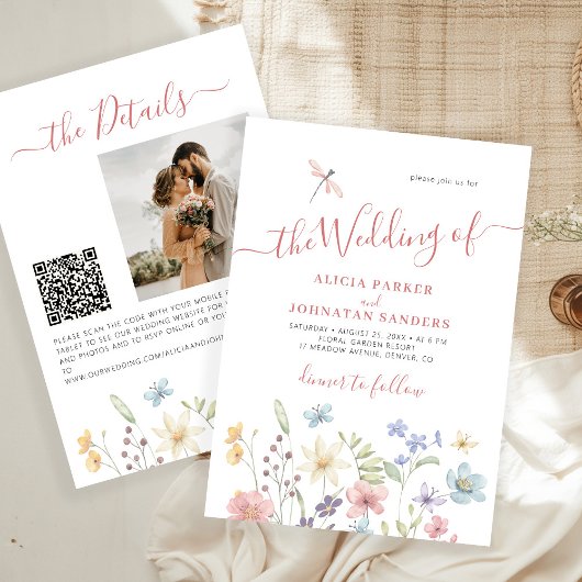 Boho-wildebloem QR-code foto bruiloft Kaart