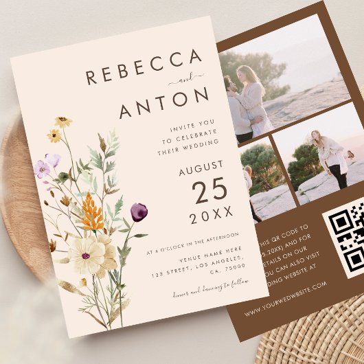 Boho Wildflower 3 Foto Collage QR Code Weddenschap Kaart
