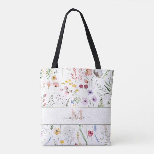 Boho Wildflower Aangepaste Naam Monogram Draagtas (Achterkant)