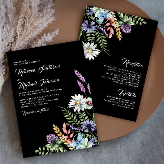 Boho Wildflower All in One Black Wedding Kaart