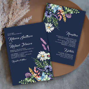 Boho Wildflower allemaal in één marineblauw huweli Kaart