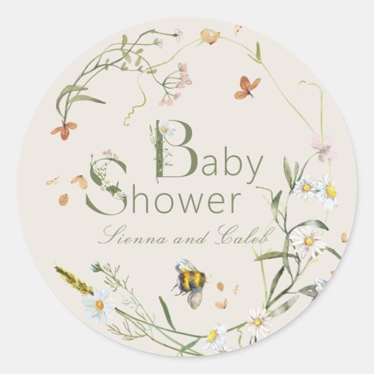 Boho Wildflower Bee Beige Baby shower Ronde Sticker (Voorkant)