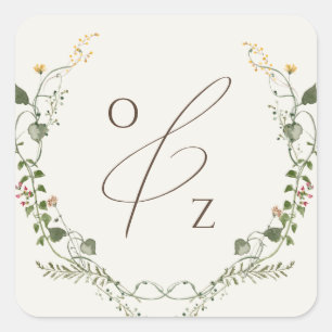 Boho Wildflower Beige Monogram Wreath Envelope Sea Vierkante Sticker