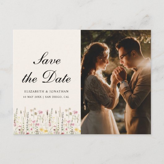 Boho Wildflower Beige Photo Garden Wedding Briefkaart (Voorkant)