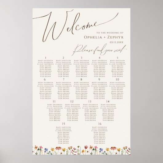 Boho Wildflower | Beige Tafelnummer Zitkaart Poster (Voorkant)