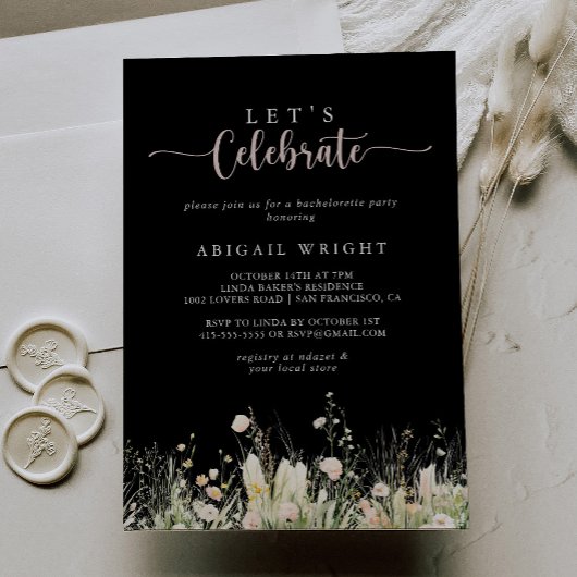 Boho Wildflower Black Let's Celebrate Party Kaart