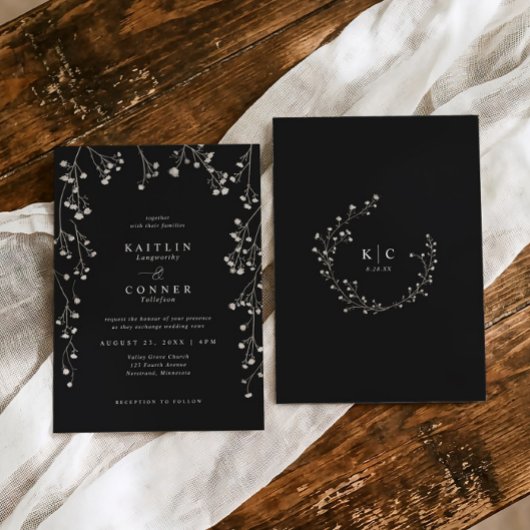 Boho Wildflower Black White Baby's Breath Wedding Kaart