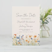 Boho Wildflower Border Sinaasappel Blauw Bruiloft Save The Date (Staand voorkant)