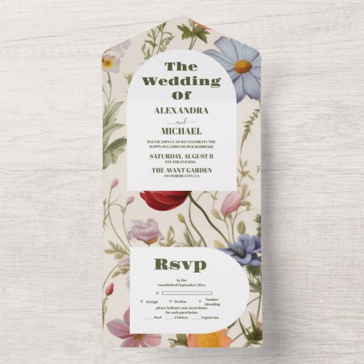 Boho Wildflower Botanische bruiloft All In One Uitnodiging (Binnen)