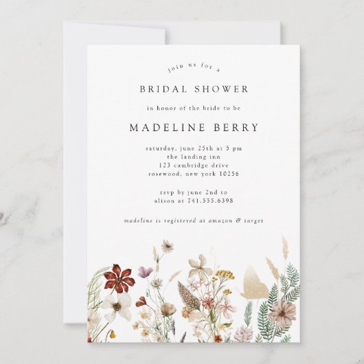 Boho Wildflower Bridal Shower Invitation Kaart (Voorkant)