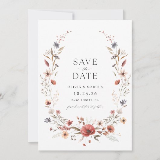 Boho Wildflower bruiloft Bewaar de datum uitnodigi Kaart (Voorkant)