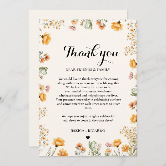 Boho Wildflower bruiloft goktafel dank u kaart (Voorkant / Achterkant)