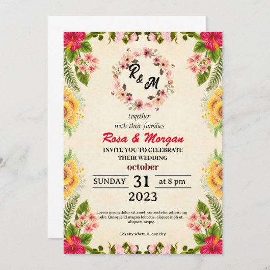 Boho Wildflower bruiloft uitnodigingen Elegante ch (Voorkant / Achterkant)