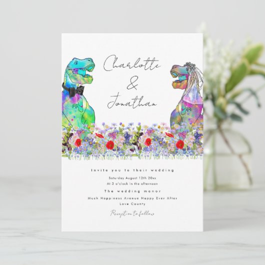 Boho Wildflower Dinosaur Thema bruiloft Kaart (Staand voorkant)