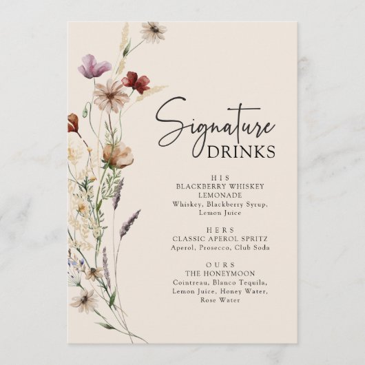 Boho Wildflower Drink bruiloft Menu (Voorkant)