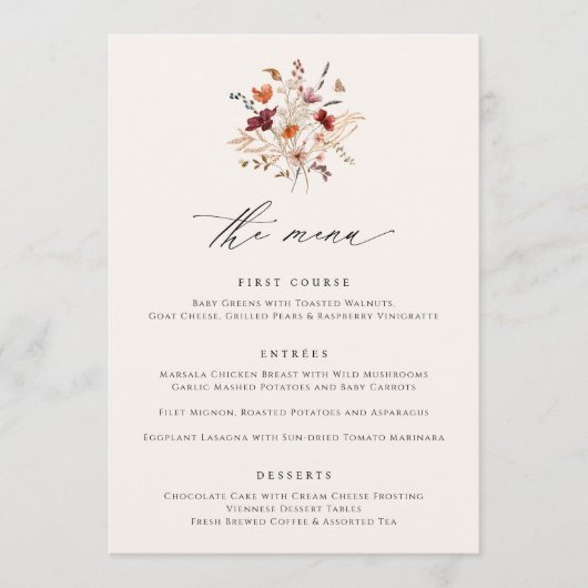 Boho Wildflower Elegante herfst bruiloft menu's (Voorkant)