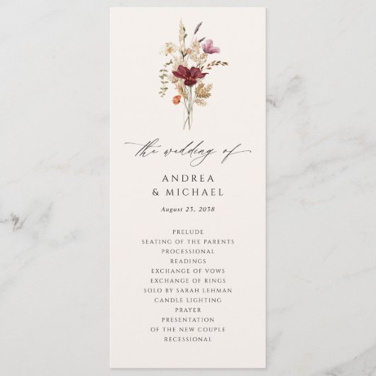 Boho Wildflower Elegante herfst bruiloft Programma (Voorkant)