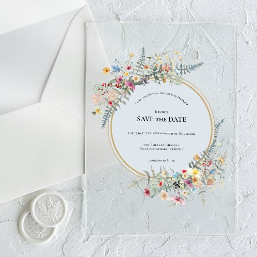 Boho Wildflower Fern Dusty Blue Bewaar de datum Acryl Uitnodigingen