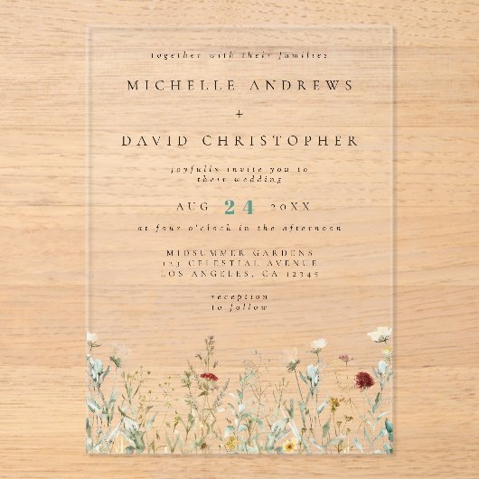 Boho Wildflower Field Wedding Acryl Uitnodigingen (Voorkant)