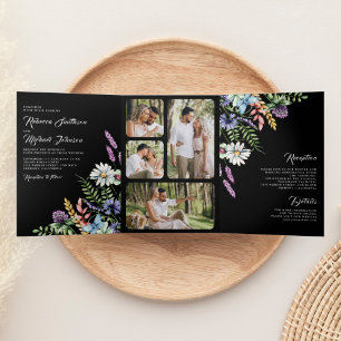 Boho Wildflower Foto All in One Zwarte Trouwjurk Drieluik Uitnodiging