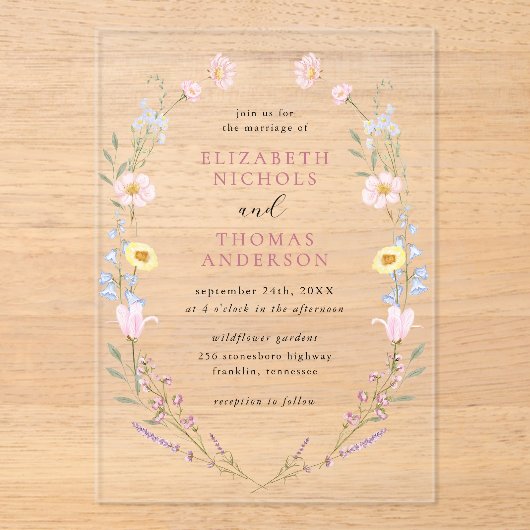 Boho Wildflower Garden Wreath Wedding Acryl Uitnodigingen (Voorkant)