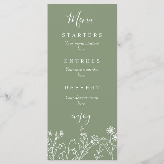 Boho wildflower groene bruiloft menu (Voorkant)