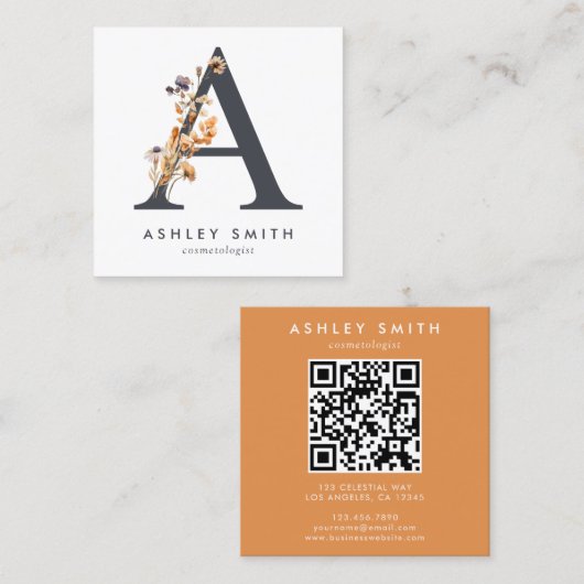Boho Wildflower Initiaal A QR-code Vierkante Visitekaartje (Voorkant / Achterkant)