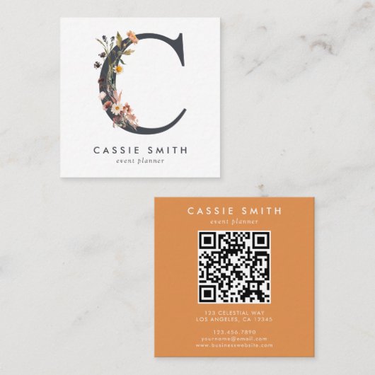 Boho Wildflower Initiaal C QR Code Vierkante Visitekaartje (Voorkant / Achterkant)